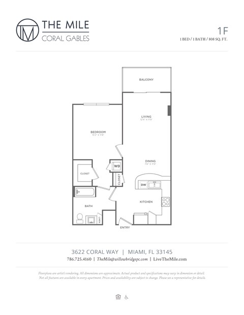 Floor plan for 1 bed, 1 bath, 808 sqft